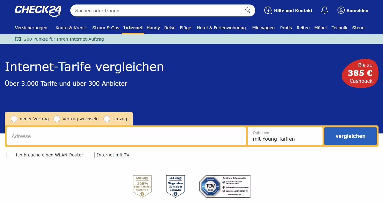 Check24 Internet Preisvergleich - DSL, Glasfaser & Kabel Jetzt beim Glasfaser, Kabel & DSL Vertragsabschluss richtig Geld sparen. Mit Cashback und dem Check24 Internet Preisvergleich