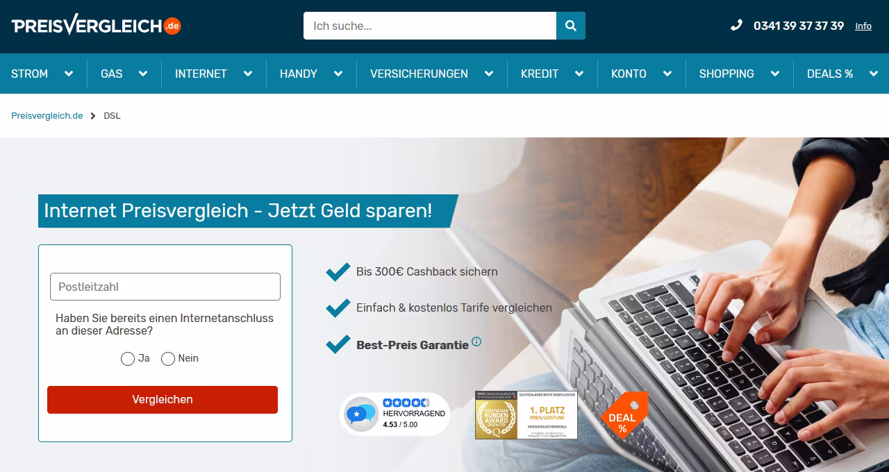 Preisvergleich.de Internet - DSL, Glasfaser & Kabel Spare jetzt bei deinem Glasfaser, Kabel & DSL Vertragsabschluss. Mit Cashback und Preisvergleich.de Internet