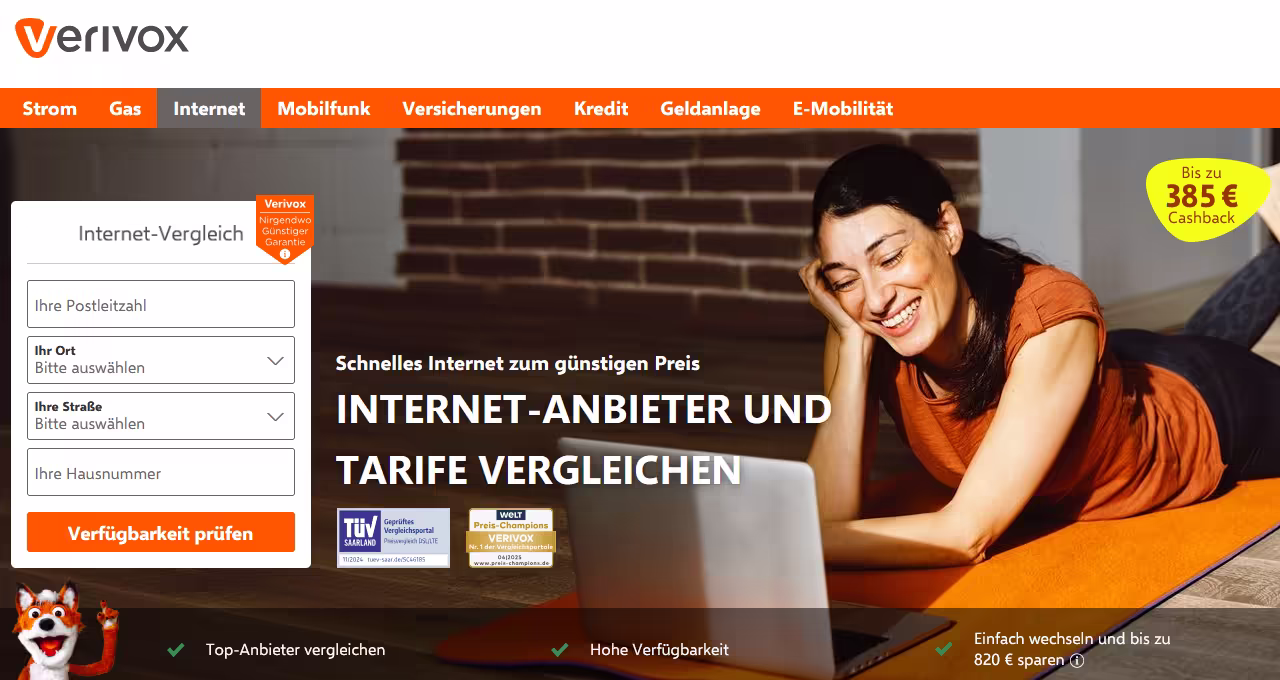 Internet-Vergleichsportal Verivox - Sparen mit Cashback auf deinen Glasfaser, Kabel & DSL Vertragsabschluss.
